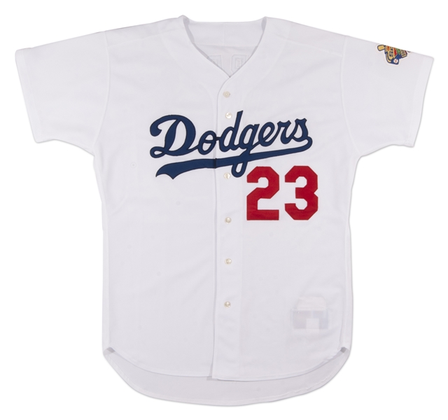 1996 ERIC KARROS LOS ANGELES DODGERS GAME WORN HOME JERSEY WITH DODGER STADIUM 35TH ANNIVERSARY PATCH (MEARS A10)