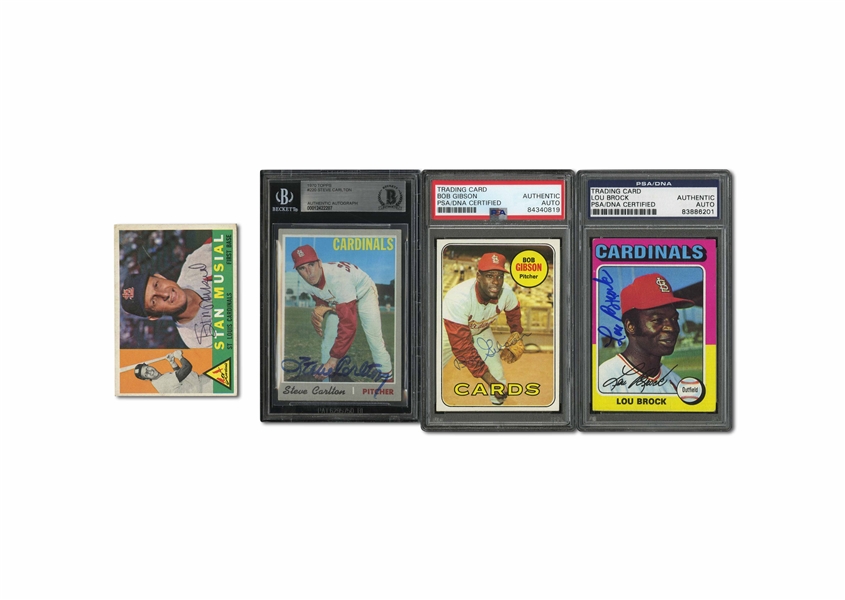 ST. LOUIS CARDINALS HALL OF FAMER LOT OF (4) SIGNED TOPPS CARDS INCL. 1960 MUSIAL #250 (JSA), 70 CARLTON (BECKETT), 69 GIBSON & 75 BROCK (BOTH PSA/DNA AUTH.)