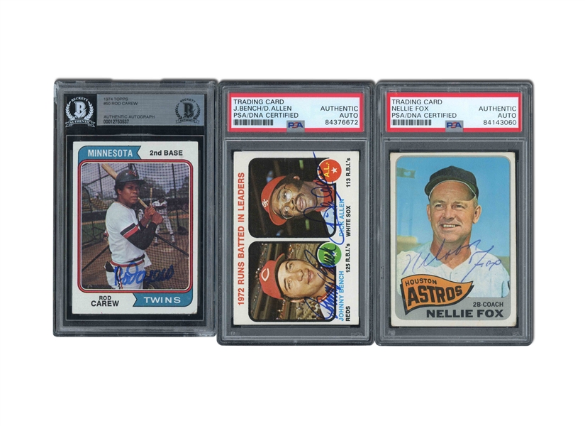 SIGNED CARD TRIO OF 1965 TOPPS #485 NELLIE FOX (PSA/DNA), 1973 TOPPS # 63 RBI LEADERS BENCH/ALLEN (PSA/DNA) AND 1974 TOPPS #50 ROD CAREW (BECKETT) - 4 UNIQUE AUTOS.