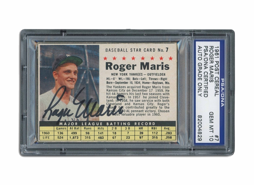 1961 POST CEREAL #7 ROGER MARIS AUTOGRAPHED CARD - PSA/DNA GEM MINT 10