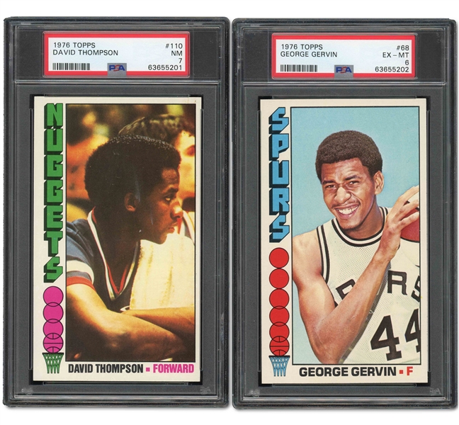 1976 TOPPS BASKETBALL #110 DAVID THOMPSON ROOKIE (PSA NM 7) AND #66 GEORGE GERVIN (PSA EX-MT 6)