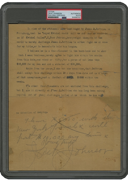 C. 1909-10 JACK JOHNSON SIGNED LETTER CHALLENGING JAMES JEFFRIES TO FAMOUS JULY 4, 1910 WORLD HEAVYWEIGHT CHAMPIONSHIP (ORIGINAL "FIGHT OF THE CENTURY") - STANLEY WESTON COLLECTION, PSA/DNA  AUTH.