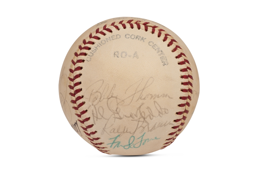 1950S N.L. LEGENDS MULTI-SIGNED OAL BASEBALL WITH SHOT HEARD ROUND THE WORLD NOTABLES BOBBY THOMSON & RALPH BRANCA PLUS 11 OTHERS INCL. ED MATHEWS - BECKETT LOA