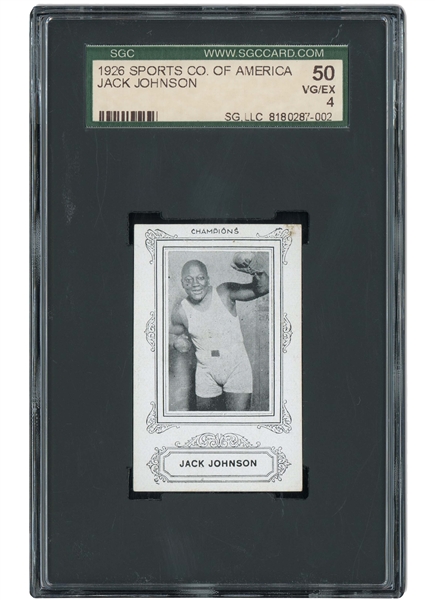 1926 SPALDING CHAMPIONS (SPORTS CO. OF AMERICA) JACK JOHNSON SGC 50 VG/EX 4 - STANDS ALONE AS HIGHEST GRADED (ONLY 2 GRADED BY SGC, NONE IN PSA POP!)