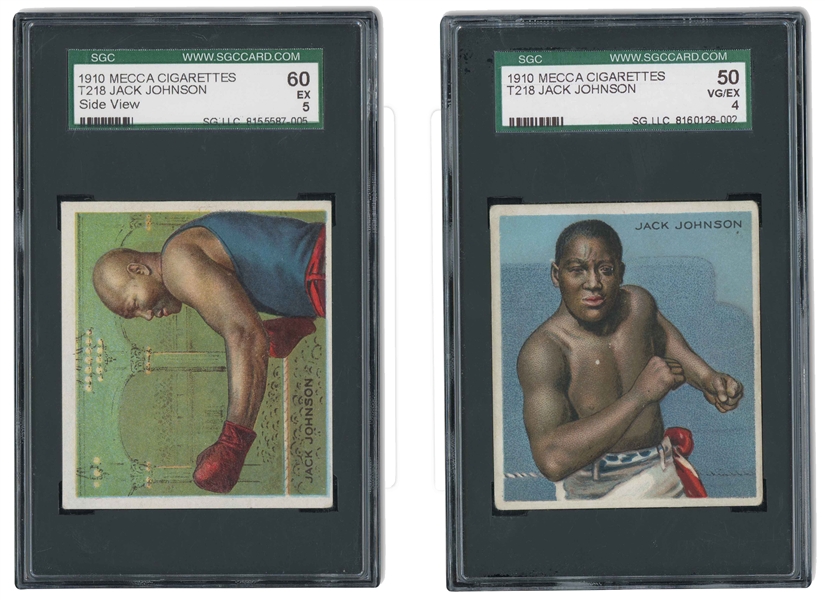 1910 T218 MECCA CIGARETTES (CHAMPIONS) JACK JOHNSON FRONT VIEW (SGC VG/EX 4) AND SIDE VIEW (SGC EX 5) - BOTH FACTORY 30 BACKS