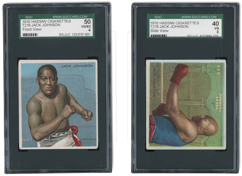 1910 T218 HASSAN CIGARETTES (CHAMPIONS) JACK JOHNSON FRONT VIEW (SGC VG/EX 4) AND SIDE VIEW (SGC VG 3) - BOTH FACTORY 30 BACKS