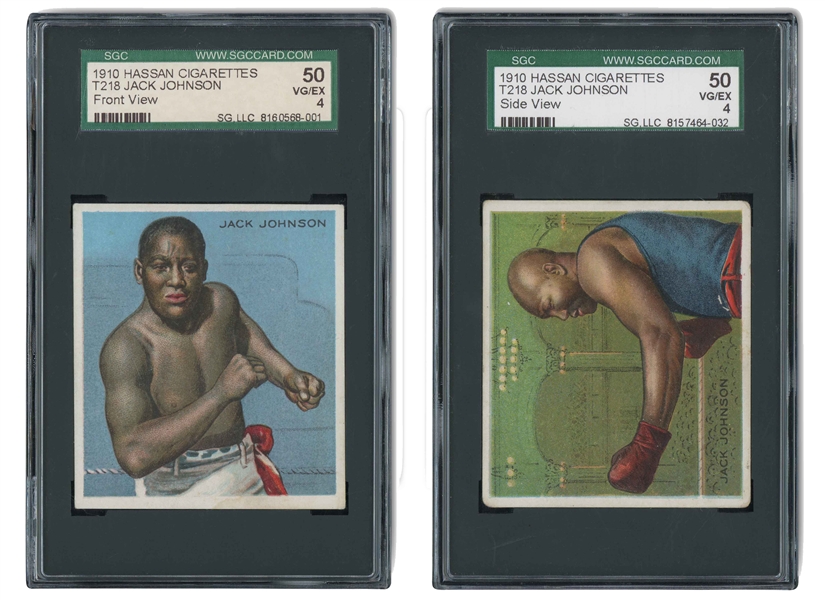 1910 T218 HASSAN CIGARETTES (CHAMPIONS) JACK JOHNSON FRONT VIEW AND SIDE VIEW - BOTH SGC VG/EX 4 WITH FACTORY 649 BACKS