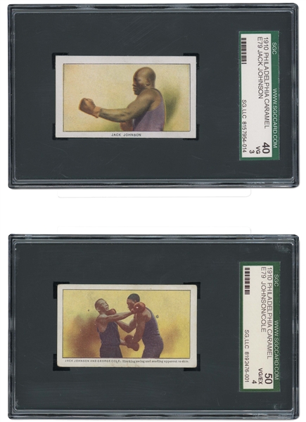 1910 E79 PHILADELPHIA CARAMEL "27 SCRAPPERS" PAIR OF JACK JOHNSON SIDE VIEW (SGC VG 3) AND JOHNSON/COLE (SGC VG/EX 4)