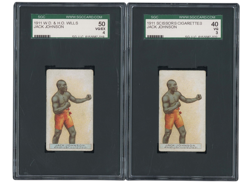 1911 W.D. & H.O. WILLS JACK JOHNSON PAIR WITH SCISSORS CIGARETTES (SGC VG 3) AND GREEN STAR & CIRCLE ISSUES (SGC VG/EX 4)