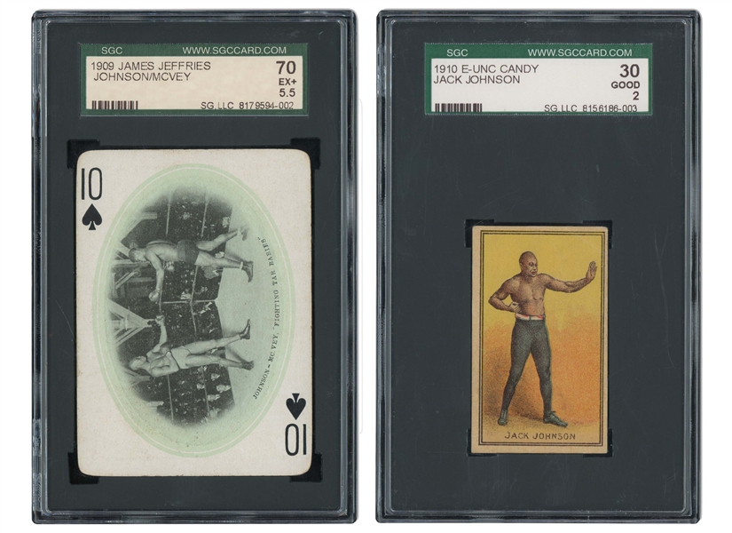 1910 E-UNC CANDY JACK JOHNSON (SGC 30 GD 2) AND 1909 JAMES JEFFRIES PLAYING CARDS 10 OF SPADES JACK JOHNSON/McVEY (SGC 70 EX+ 5.5)