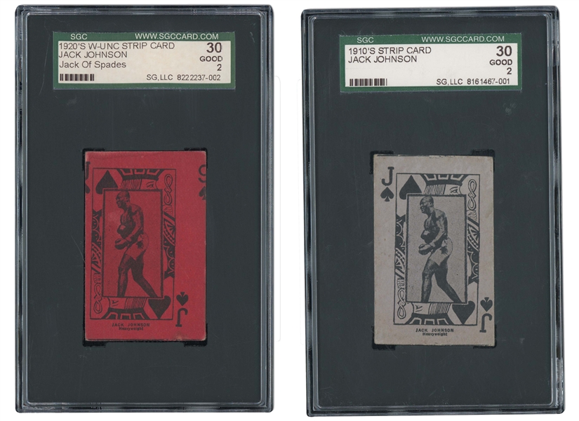 1910-20S W-UNC STRIP BOXING HAND-CUT JACK JOHNSON PAIR OF "JACK OF SPADES" PLAYING CARDS IN GRAY (ONLY KNOWN) AND RED - BOTH SGC 30 GD 2