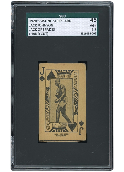 1920S W-UNC BOXING STRIP/PLAYING CARD "JACK OF SPADES" JACK JOHNSON - SGC 45 VG+ 3.5 (STANDS ALONE AS HIGHEST GRADED BY SGC OR PSA)