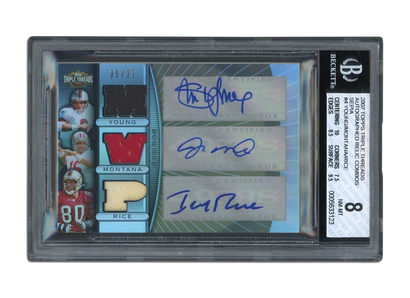 2007 TOPPS TRIPLE THREADS AUTOGRAPH RELIC COMBOS SEPIA #4 YOUNG/MONTANA/RICE (5/27) - BGS NM-MT 8 / 10 AUTO.