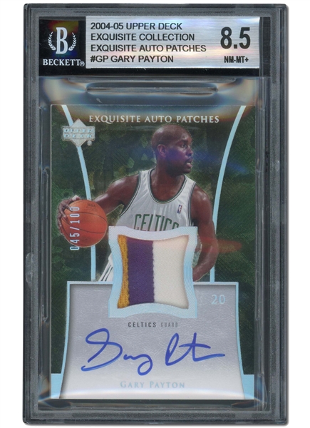 2004-05 UPPER DECK EXQUISITE COLLECTION EXQUISITE AUTO PATCHES #GP GARY PAYTON (45/100) - BGS NM-MT+ 8.5