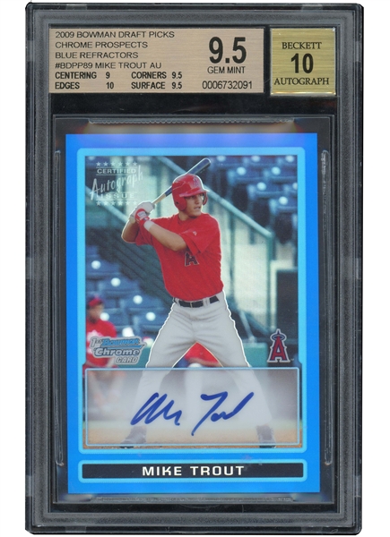 2009 BOWMAN CHROME DRAFT PROSPECTS BLUE REFRACTOR #BDPP89 MIKE TROUT ROOKIE SIGNED (#017/150) - BGS GEM MINT 9.5, BECKETT 10 AUTO.
