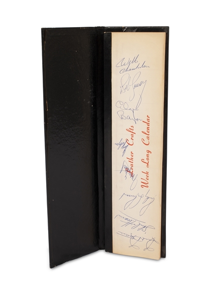 JAN 16, 1963 13TH NBA ALL STAR GAME INSCRIBED LEATHER 4" X 14.5" CALENDAR BOLDLY AUTOGRAPHED BY CHAMBERLAIN, BAYLOR, WEST, COUSY, CHICK HEARN & OTHERS - BECKETT LOA