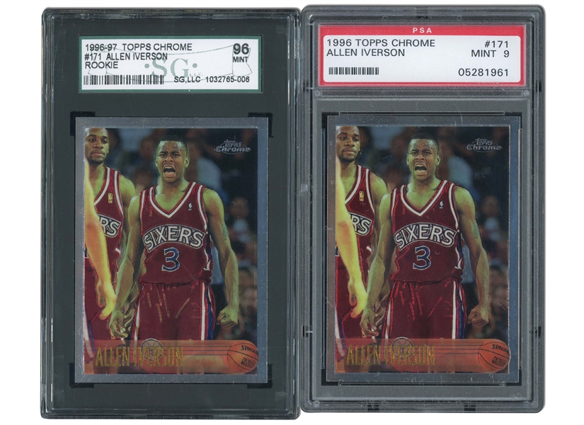1996-97 TOPPS CHROME #171 ALLEN IVERSON PAIR OF ROOKIE CARDS - PSA MINT 9 AND SGC MINT 96