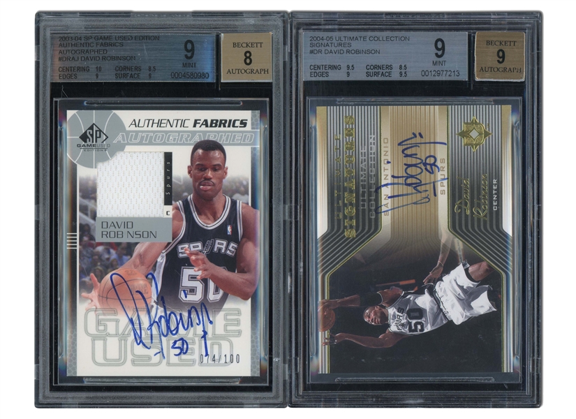 DAVID ROBINSON PAIR OF 2003-04 SP GAME USED EDITION AUTHENTIC FABRICS AUTO #DRAJ (74/100) AND 2004-05 ULTIMATE COLLECTION SIGNATURES #DR - BOTH BGS MINT 9 WITH 8 & 9 AUTOS.