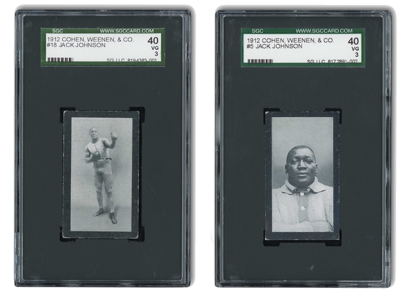 1912 COHEN WEENEN & CO. JACK JOHNSON PAIR OF #18 BLACK BACK AND #5 GREEN BACK - BOTH SGC 40 VG 3