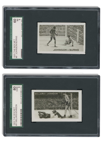 1923 THE ROCKET FAMOUS KNOCK-OUTS PAIR OF #11 JACK JOHNSON VS. JESS WILLARD (SGC 80 EX/NM 6) AND #8 JOHNSON VS. BURNS (SGC 60 EX 5)