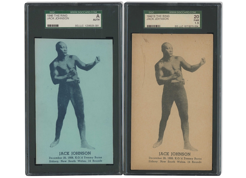 1940S THE RING JACK JOHNSON (K.O.D TOMMY BURNS IN SYDNEY 12/26/1908) PAIR OF BEIGE AND GREEN POSTCARDS - SGC FR 1.5 & AUTHENTIC