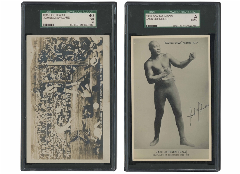 1915 BOXING NEWS JACK JOHNSON (SGC AUTH.) AND 1915 JOHNSON/WILLARD (SGC 40 VG 3) POSTCARDS