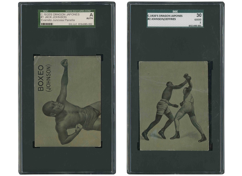 1931 EVARISTO JUNCOSA (DRAGON JAPONES) PAIR OF #1 JACK JOHNSON AND #2 JOHNSON/JEFFRIES SPANISH CARDS (BARCELONA) - SGC AUTH. & GD 2 (BOTH SUPER LOW POP)