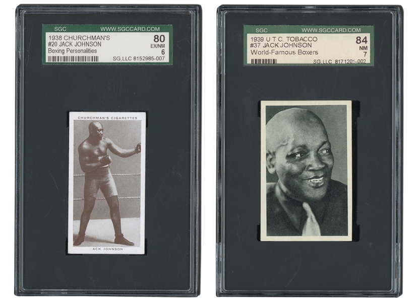 JACK JOHNSON PAIR OF 1935-39 UNITED TOBACCO CO. #37 WORLD FAMOUS BOXERS (SGC NM 7, HIGHEST GRADED / POP 1) AND 1938 W.A. & A.C. CHURCHMAN #20 BOXING PERSONALITIES (SGC EX/NM 6)