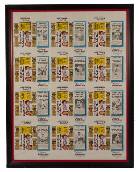 1969-70 BAZOOKA BUBBLE GUM BASEBALL EXTRA 31" X 40" FRAMED UNCUT SHEET WITH RUTH & GEHRIG BOXES IN UPPER PANEL (SCARCE)