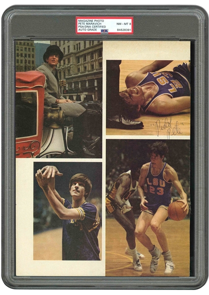 1970 "PISTOL PETE" MARAVICH SIGNED LSU TIGERS IMAGE FROM SPORTS ILLUSTRATED PAGE - PSA/DNA NM-MT 8 AUTOGRAPH