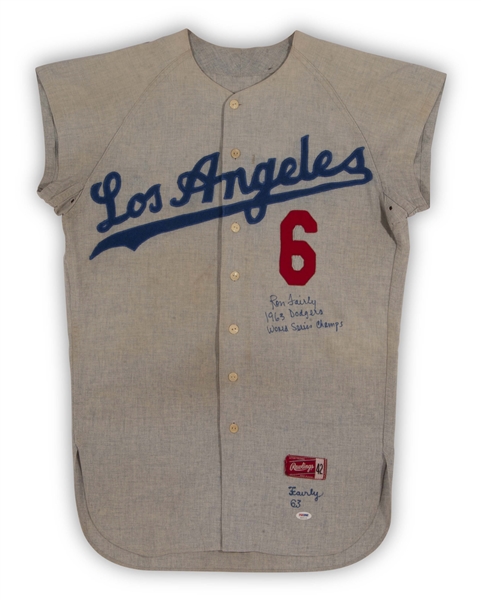 1963 RON FAIRLY SIGNED & INSCRIBED LOS ANGELES DODGERS (WORLD SERIES SEASON) GAME WORN ROAD JERSEY - MEARS LOA, PSA/DNA COA