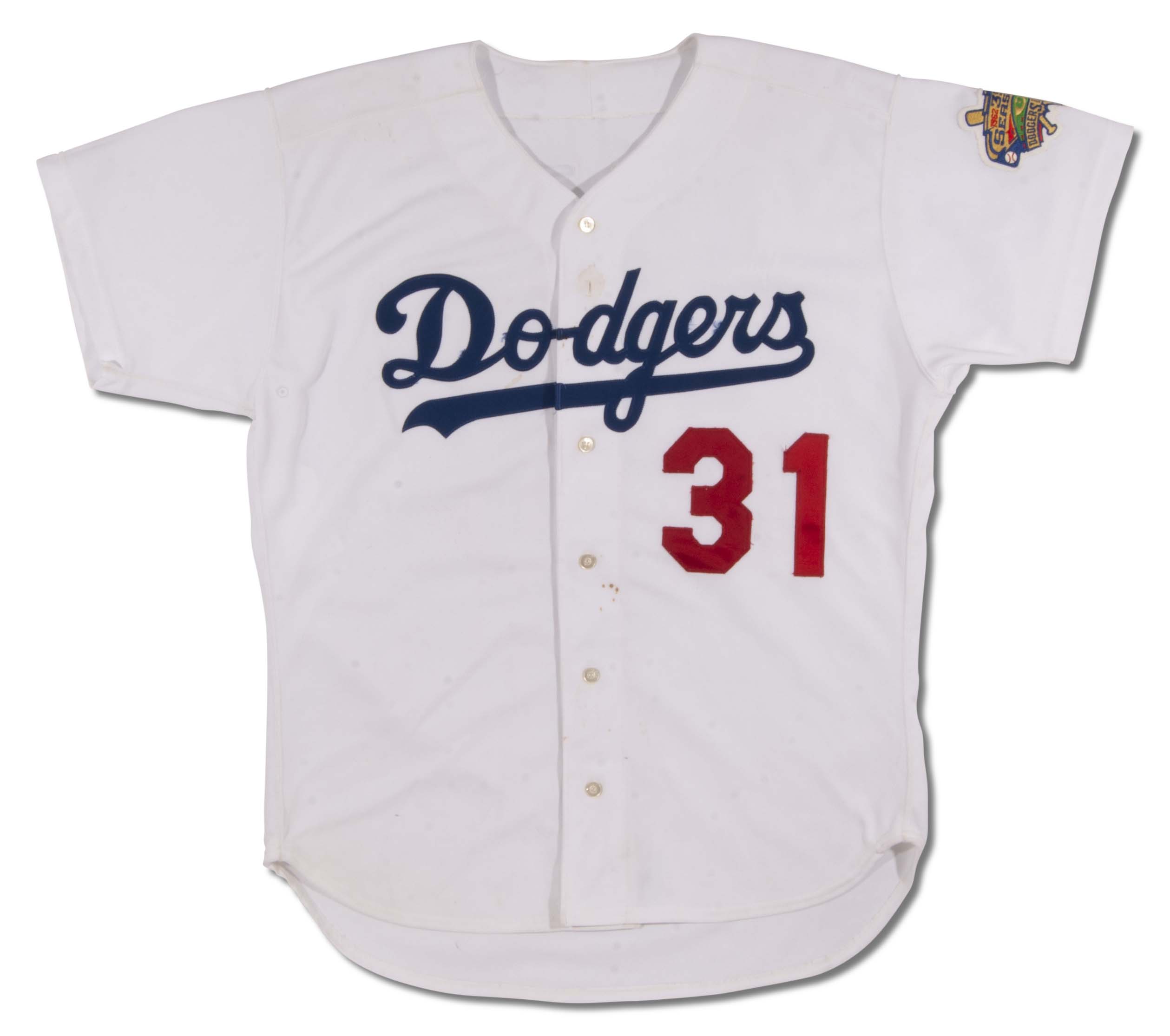 Lot Detail - 1996 MIKE PIAZZA LOS ANGELES DODGERS GAME WORN HOME JERSEY  WITH 'DODGER STADIUM 35TH ANNIVERSARY' PATCH (MEARS LOA)
