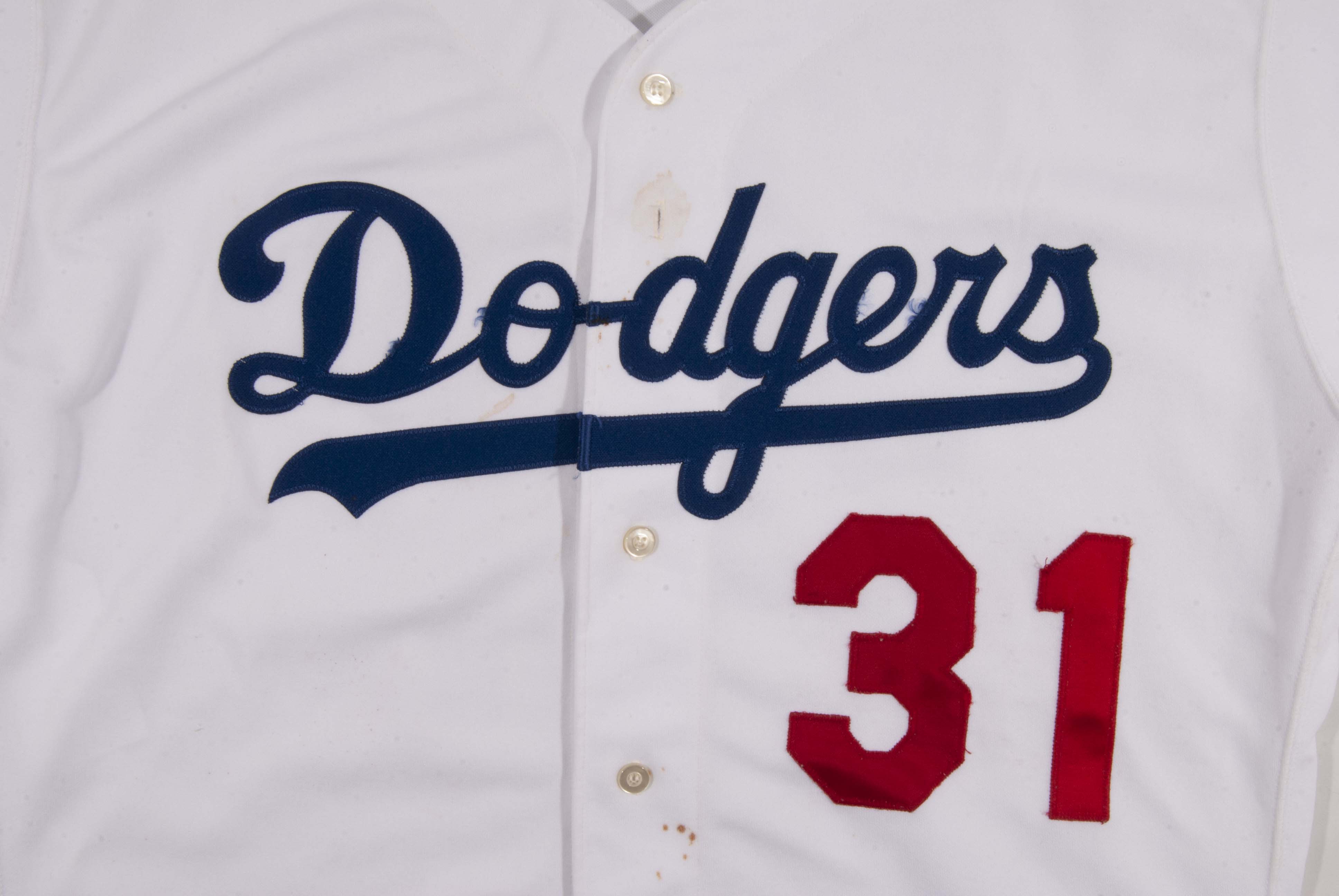 Lot Detail - 1996 MIKE PIAZZA LOS ANGELES DODGERS GAME WORN HOME JERSEY  WITH 'DODGER STADIUM 35TH ANNIVERSARY' PATCH (MEARS LOA)
