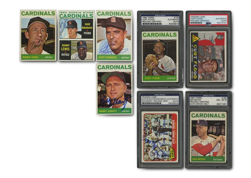 ST. LOUIS CARDINALS LOT OF (12) SIGNED 1960-65 TOPPS CARDS INCL. TWO CURT FLOODS (PSA/DNA AUTH.) PLUS BOYER, McCARVER & GROAT - 16 TOTAL AUTOS.