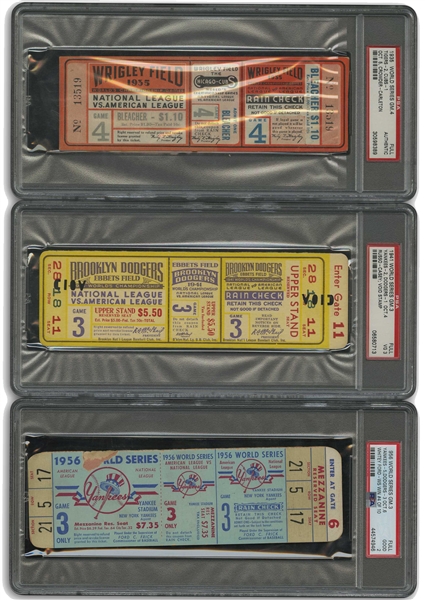TRIO OF 1935 (GAME 4 @ WRIGLEY), 1941 (GAME 3 @ EBBETTS), AND 1956 (GAME 3 @ YANKEE STADIUM) WORLD SERIES FULL TICKETS - ALL PSA GRADED WITH SUPER LOW POPS!