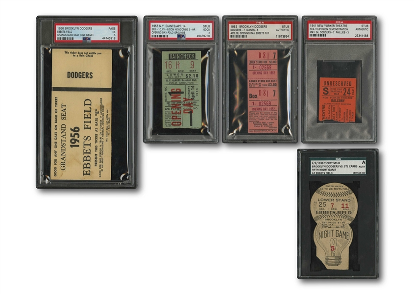 1938-1956 BROOKYLN DODGERS LOT OF (5) TICKET STUBS INCL. 5TH NIGHT GAME AT EBBETS FIELD LIGHTBULB TICKET & STUB FOR 1ST CLOSED CIRCUIT TV GAME - FOUR PSA GRADED & ONE SGC GRADED