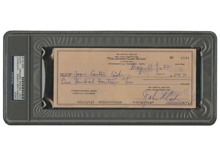 1982 JOHNNY CASH & JUNE CARTER DUAL-SIGNED "JOHNNY CASH SHOW" CHECK (SIGNED TWICE BY CASH) - PSA/DNA AUTHENTIC