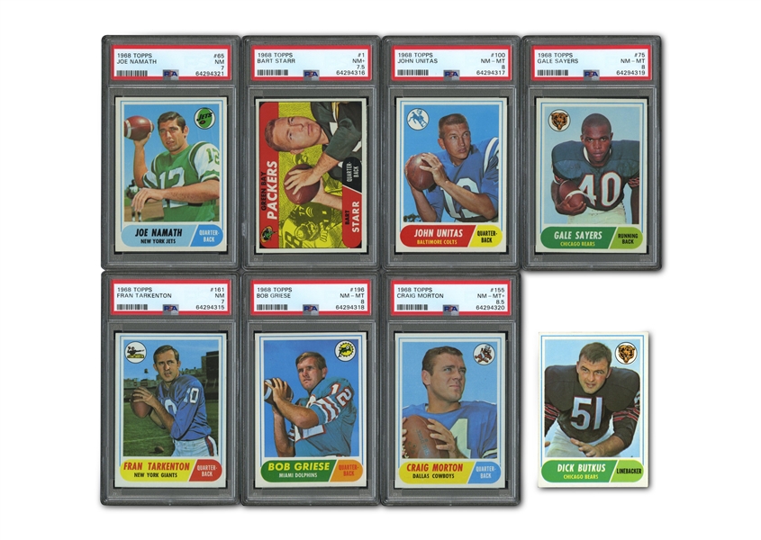 1968 TOPPS FOOTBALL COMPLETE SET OF (219) WITH 7 PSA GRADED STARS (ALL NM 7 OR BETTER) INCL. UNITAS, NAMATH, STARR & SAYERS