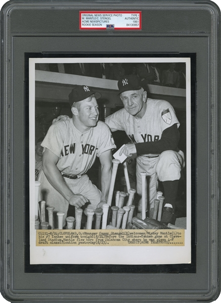 INCREDIBLE 1951 MICKEY MANTLE ORIGINAL PHOTOGRAPH WEARING #7 FOR THE VERY FIRST TIME - ONLY KNOWN EXAMPLE FROM HIS 1ST GAME IN ONE OF BASEBALLS MOST ICONIC JERSEY NUMBERS - PSA/DNA TYPE I