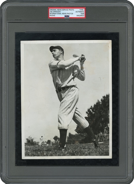 SIGNIFICANT 1936 JOE DIMAGGIO ROOKIE ORIGINAL PHOTOGRAPH (ONE OF HIS EARLIEST PHOTOS IN A YANKEE UNIFORM) USED FOR HIS 1937 WHEATIES SERIES 7 CARD - PSA/DNA TYPE I