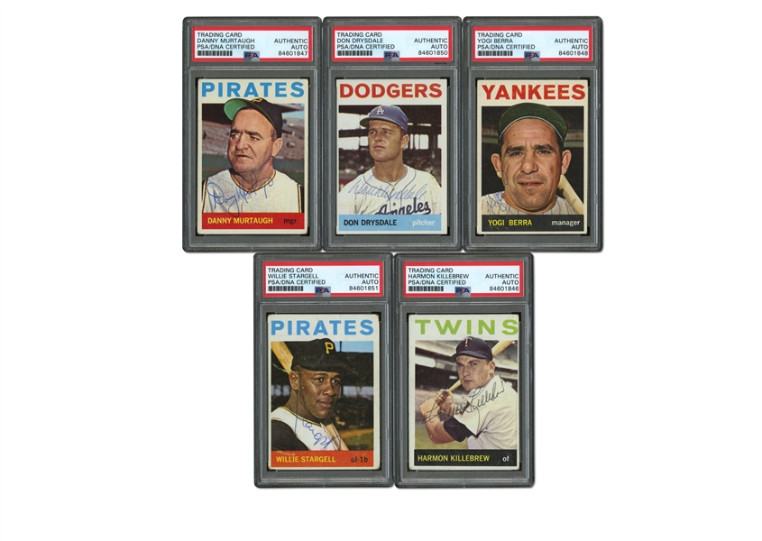 GROUP OF (5) 1964 TOPPS AUTOGRAPHED BASEBALL CARDS - #21 YOGI BERRA, #120 DON DRYSDALE, #141 D. MURTAUGH, #177 KILLEBREW, #342 STARGELL - ALL PSA/DNA AUTH.