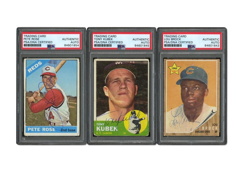 TRIO OF 1960S AUTOGRAPHED TOPPS BASEBALL CARDS - 62 #387 LOU BROCK (ROOKIE), 63 #20 TONY KUBEK, 66 #30 PETE ROSE - ALL PSA/DNA AUTH.