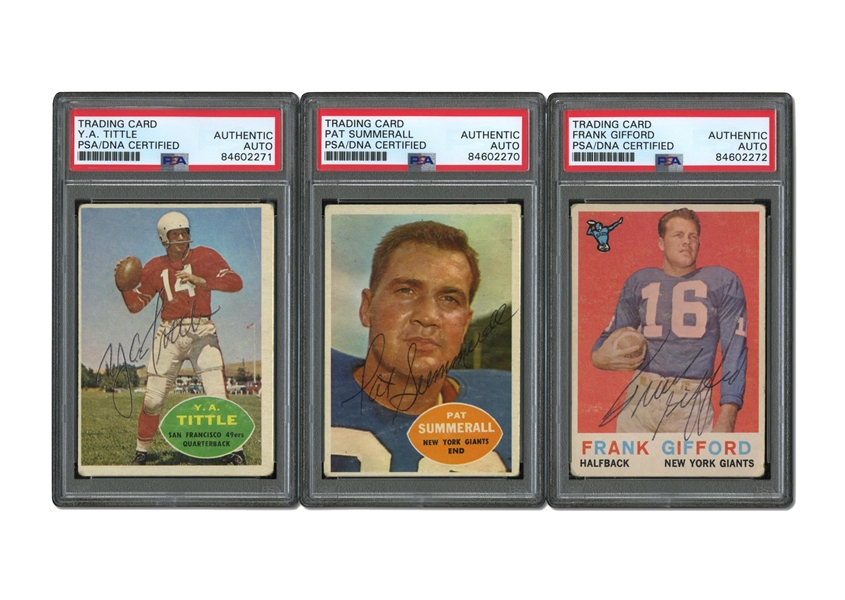 TRIO OF NEW YORK FOOTBALL GIANTS LEGENDS TOPPS AUTOGRAPHED CARDS - 1959 #20 FRANK GIFFORD, 1960 #77 PAT SUMMERALL & #113 Y.A. TITTLE - ALL PSA/DNA AUTH.