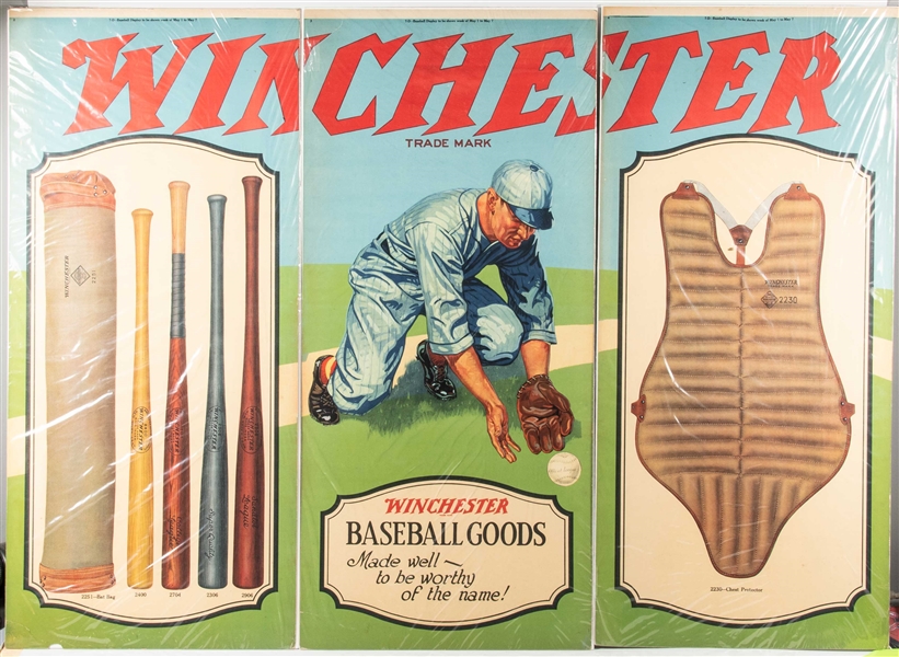 C. 1915-1920 WINCHESTER BASEBALL GOODS (3) PANEL ADVERTISING DISPLAY