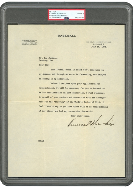 MONUMENTAL JULY 16, 1923 COMMISSIONER KENESAW MOUNTAIN LANDIS AUTOGRAPHED LETTER AS SENT TO SHOELESS JOE JACKSON REGARDING MLB REINSTATEMENT - PSA/DNA MINT 9