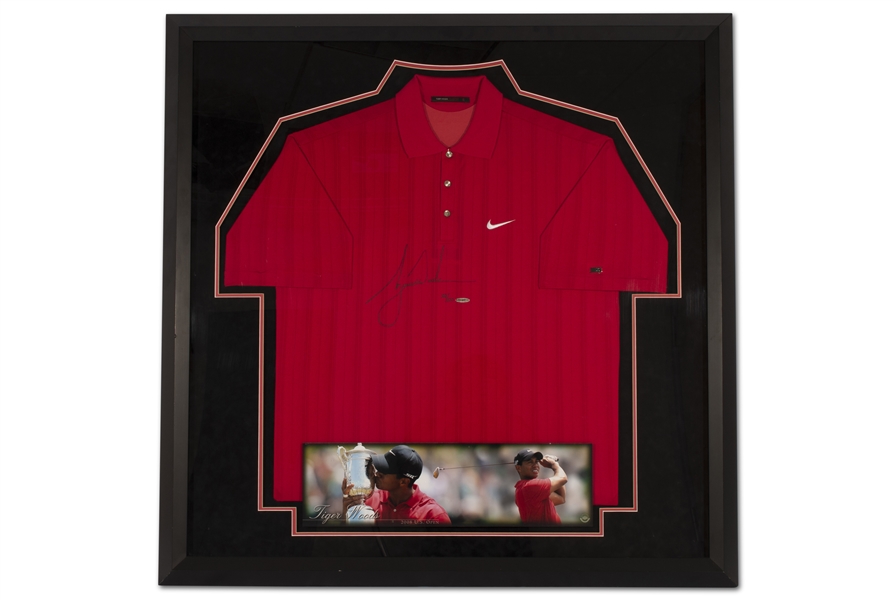 TIGER WOODS AUTOGRAPHED NIKE SUNDAY RED POLO (26/100) IN FRAMED DISPLAY - UDA CERTIFIED