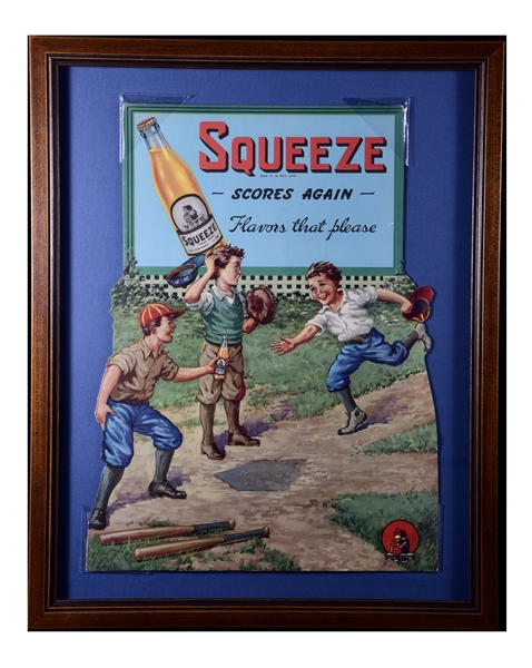 1940S SQUEEZE SODA DIECUT BASEBALL ADVERTISING SIGN