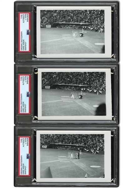 IMPRESSIVE SEQUENCE OF (27) ORIGINAL PHOTOGRAPHS FROM HANK AARONS 715TH CAREER HOME RUN TO PASS BABE RUTH - INCLUDES THREE PSA/DNA TYPE I ENCAPSULATED EXAMPLES