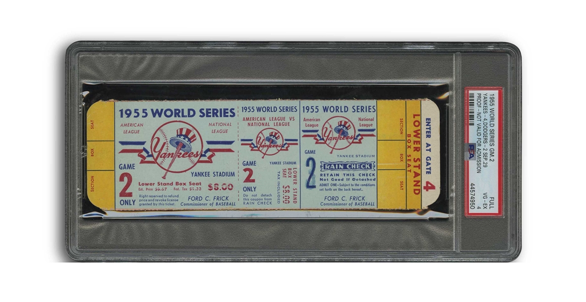 1955 WORLD SERIES GAME 2 BROOKLYN DODGERS AT N.Y. YANKEES FULL PROOF TICKET - PSA VG-EX 4 (ONLY ONE HIGHER)