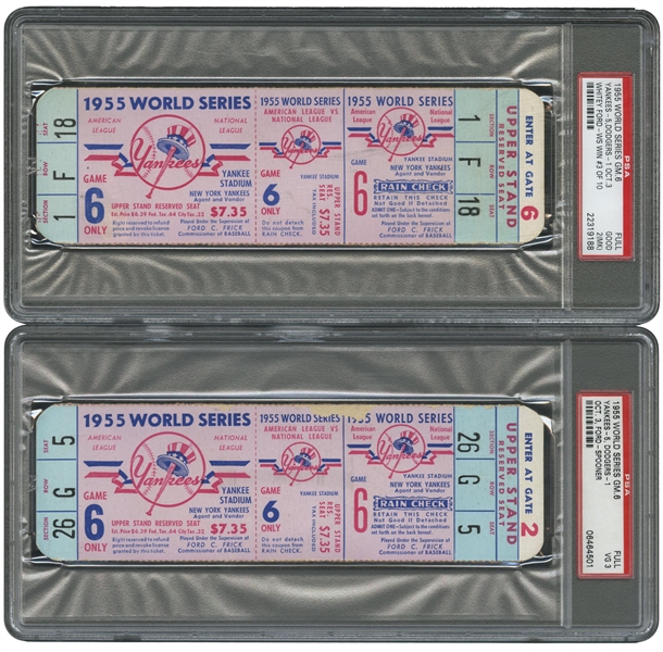 PAIR OF 1955 WORLD SERIES GAME 6 BROOKLYN DODGERS AT N.Y. YANKEES FULL TICKETS - PSA GD 2 (MK) AND PSA VG 3 (ONLY TWO HIGHER)
